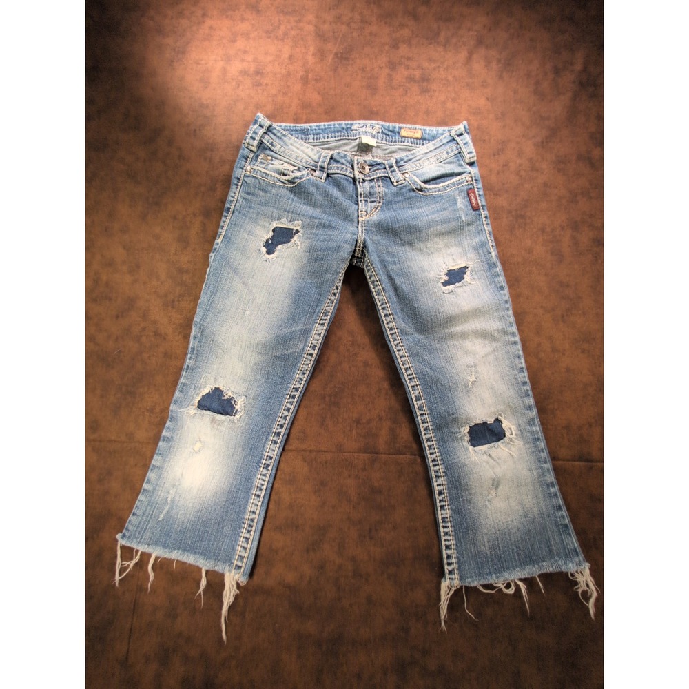 Silver Jeans Co Pioneer Bootcut Distressed Capri Frayed Hem Blue Denim 32‎